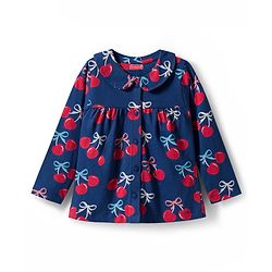 Babyhug Cotton Knit Full Sleeves Front Open Co-ord Night Suit With Cherry Print - Navy Blue