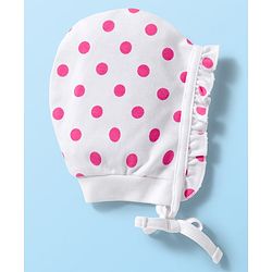 Babyhug 100% Cotton Knit Polka Dot & Heart Printed Bonnet Cap Pack of 2 Lilac & White - Diameter 16 cm