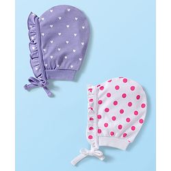 Babyhug 100% Cotton Knit Polka Dot & Heart Printed Bonnet Cap Pack of 2 Lilac & White - Diameter 16 cm