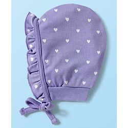 Babyhug 100% Cotton Knit Polka Dot & Heart Printed Bonnet Cap Pack of 2 Lilac & White - Diameter 16 cm