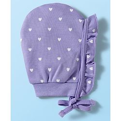 Babyhug 100% Cotton Knit Polka Dot & Heart Printed Bonnet Cap Pack of 2 Lilac & White - Diameter 16 cm