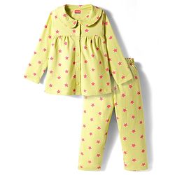 Babyhug Cotton Knit Full Sleeves Front Open Co-ord Night Suit With Star Print - Light Green