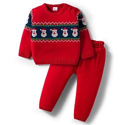 Babyhug Knitted Full Sleeves Sweater Set With Santa Claus Design - Red
