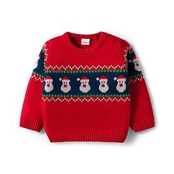 Babyhug Knitted Full Sleeves Sweater Set With Santa Claus Design - Red