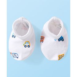 Babyhug 100% Cotton Knit Cap Mittens & Booties with Vehicle Print White - Diameter 16 cm