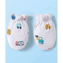 Babyhug 100% Cotton Knit Cap Mittens & Booties with Vehicle Print White - Diameter 16 cm