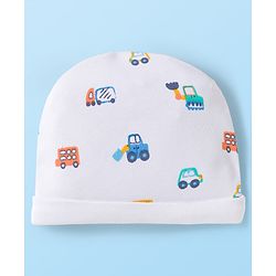 Babyhug 100% Cotton Knit Cap Mittens & Booties with Vehicle Print White - Diameter 16 cm