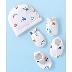 Babyhug 100% Cotton Knit Cap Mittens & Booties with Vehicle Print White - Diameter 16 cm