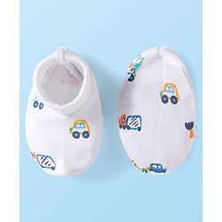 Babyhug 100% Cotton Knit Cap Mittens & Booties with Vehicle Print White - Diameter 16 cm