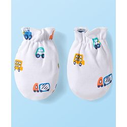 Babyhug 100% Cotton Knit Cap Mittens & Booties with Vehicle Print White - Diameter 16 cm