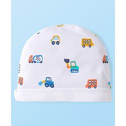 Babyhug 100% Cotton Knit Cap Mittens & Booties with Vehicle Print White - Diameter 16 cm