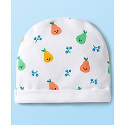 Babyhug 100% Cotton Knit Cap Mittens & Booties Set with Tropical Theme Print White - Diameter 15 cm