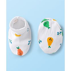 Babyhug 100% Cotton Knit Cap Mittens & Booties Set with Tropical Theme Print White - Diameter 15 cm