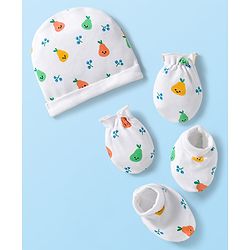 Babyhug 100% Cotton Knit Cap Mittens & Booties Set with Tropical Theme Print White - Diameter 15 cm