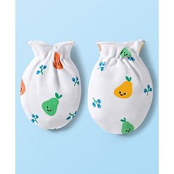 Babyhug 100% Cotton Knit Cap Mittens & Booties Set with Tropical Theme Print White - Diameter 15 cm