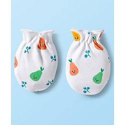 Babyhug 100% Cotton Knit Cap Mittens & Booties Set with Tropical Theme Print White - Diameter 15 cm