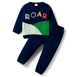 Babyhug Knitted Full Sleeves Sweater Set With Roar Design - Navy Blue