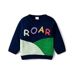 Babyhug Knitted Full Sleeves Sweater Set With Roar Design - Navy Blue