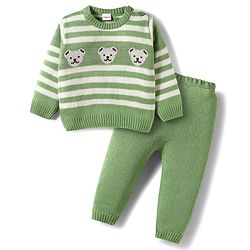 Babyhug Knitted Full Sleeves Sweater Set With Teddy Bear Design - Green