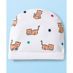 Babyhug 100% Cotton Knit Cap Mittens & Booties Set with Tiger Print White - Diameter 16 cm