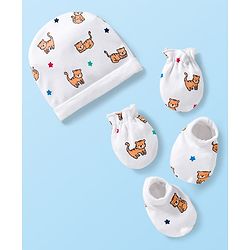 Babyhug 100% Cotton Knit Cap Mittens & Booties Set with Tiger Print White - Diameter 16 cm