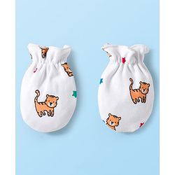Babyhug 100% Cotton Knit Cap Mittens & Booties Set with Tiger Print White - Diameter 16 cm