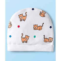 Babyhug 100% Cotton Knit Cap Mittens & Booties Set with Tiger Print White - Diameter 16 cm