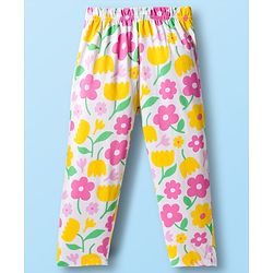 Babyhug Cotton Knit Full Sleeves Front Open Co-ord Night Suit With Floral Print - White