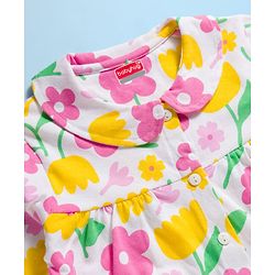 Babyhug Cotton Knit Full Sleeves Front Open Co-ord Night Suit With Floral Print - White