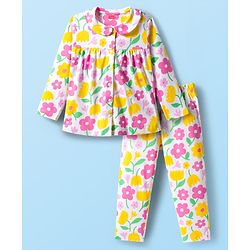 Babyhug Cotton Knit Full Sleeves Front Open Co-ord Night Suit With Floral Print - White