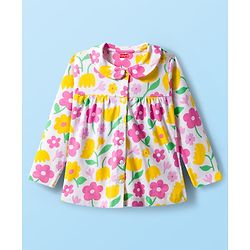 Babyhug Cotton Knit Full Sleeves Front Open Co-ord Night Suit With Floral Print - White