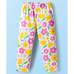 Babyhug Cotton Knit Full Sleeves Front Open Co-ord Night Suit With Floral Print - White