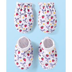 Babyhug 100% Cotton Knit Mittens & Booties Set with Strawberry Print - White