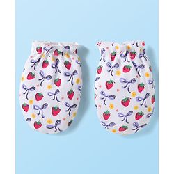 Babyhug 100% Cotton Knit Mittens & Booties Set with Strawberry Print - White