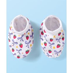 Babyhug 100% Cotton Knit Mittens & Booties Set with Strawberry Print - White