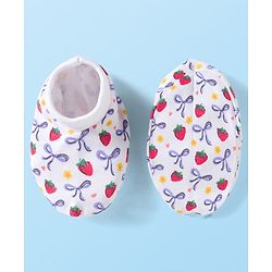 Babyhug 100% Cotton Knit Mittens & Booties Set with Strawberry Print - White