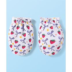Babyhug 100% Cotton Knit Mittens & Booties Set with Strawberry Print - White