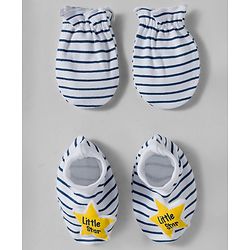 Babyhug 100% Cotton Interlock Knit Mittens & Booties Set With Stripes - Navy Blue