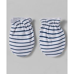 Babyhug 100% Cotton Interlock Knit Mittens & Booties Set With Stripes - Navy Blue