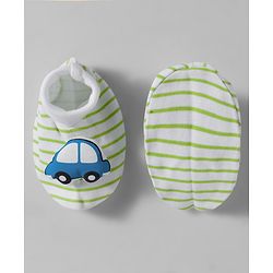 Babyhug 100% Cotton Interlock Knit Mittens & Booties Set With Vehicle Print - Light Green