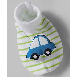 Babyhug 100% Cotton Interlock Knit Mittens & Booties Set With Vehicle Print - Light Green