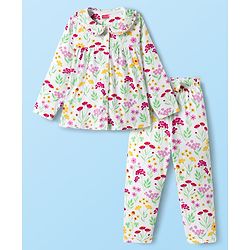 Babyhug Cotton Knit Full Sleeves Co-ords Night Suit With Floral Print - White