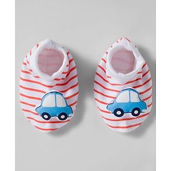 Babyhug 100% Cotton Interlock Knit Mittens & Booties Set With Vehicle Print - Red