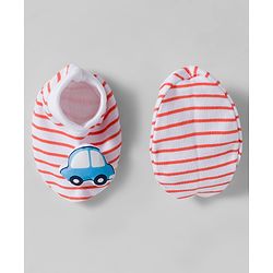 Babyhug 100% Cotton Interlock Knit Mittens & Booties Set With Vehicle Print - Red