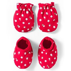 Babyhug 100% Cotton Knit Mittens & Booties With Floral Print - Red