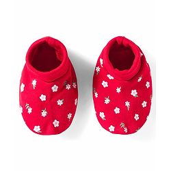 Babyhug 100% Cotton Knit Mittens & Booties With Floral Print - Red