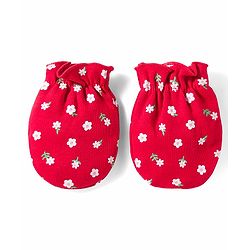 Babyhug 100% Cotton Knit Mittens & Booties With Floral Print - Red