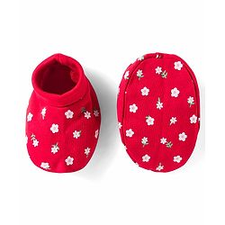 Babyhug 100% Cotton Knit Mittens & Booties With Floral Print - Red