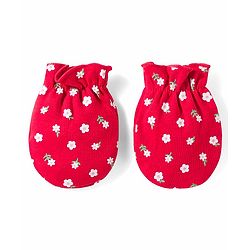 Babyhug 100% Cotton Knit Mittens & Booties With Floral Print - Red