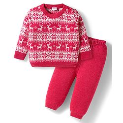 Babyhug Knit Full Sleeves Christmas Theme Printed Sweater Set - Dark Pink